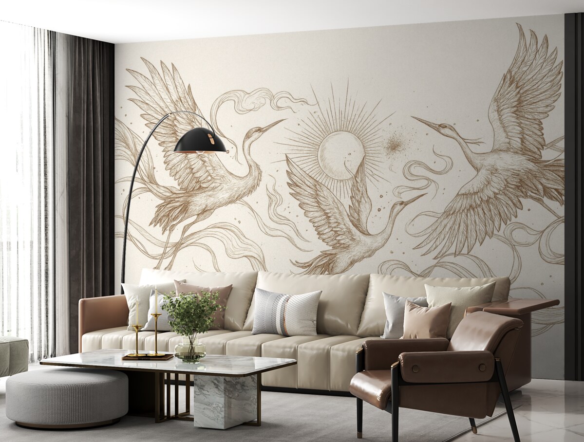 Fototapeta Ptaki w locie, rysunek konturowy, prostota, beżowa gama barw