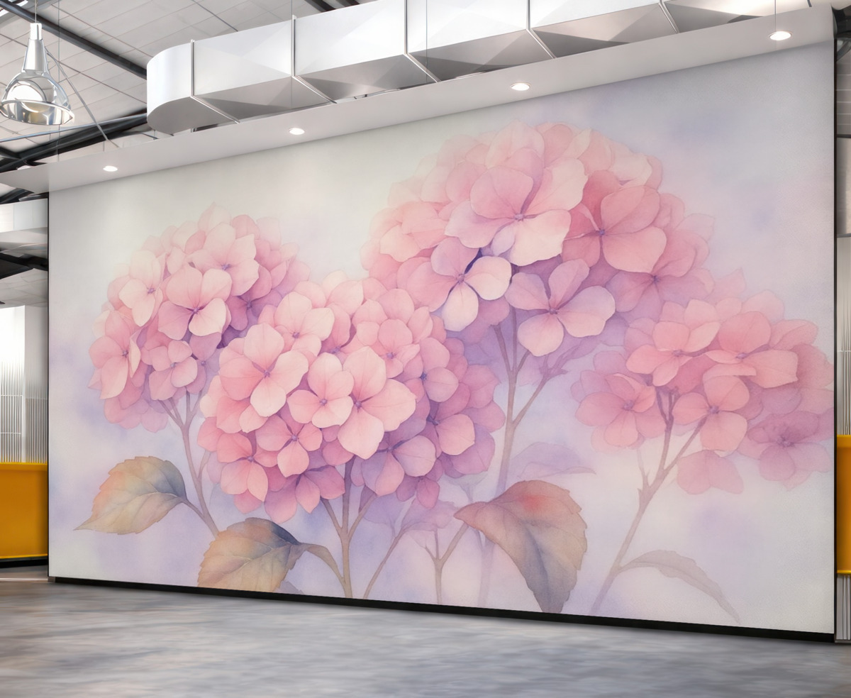 Fototapeta Rozkwitająca różowa hortensja w wilgotnej akwareli.