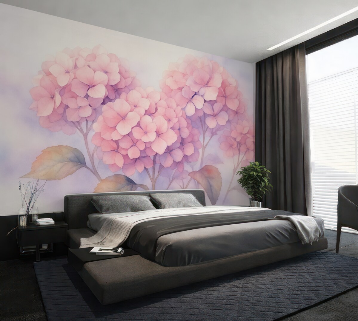 Fototapeta Rozkwitająca różowa hortensja w wilgotnej akwareli.