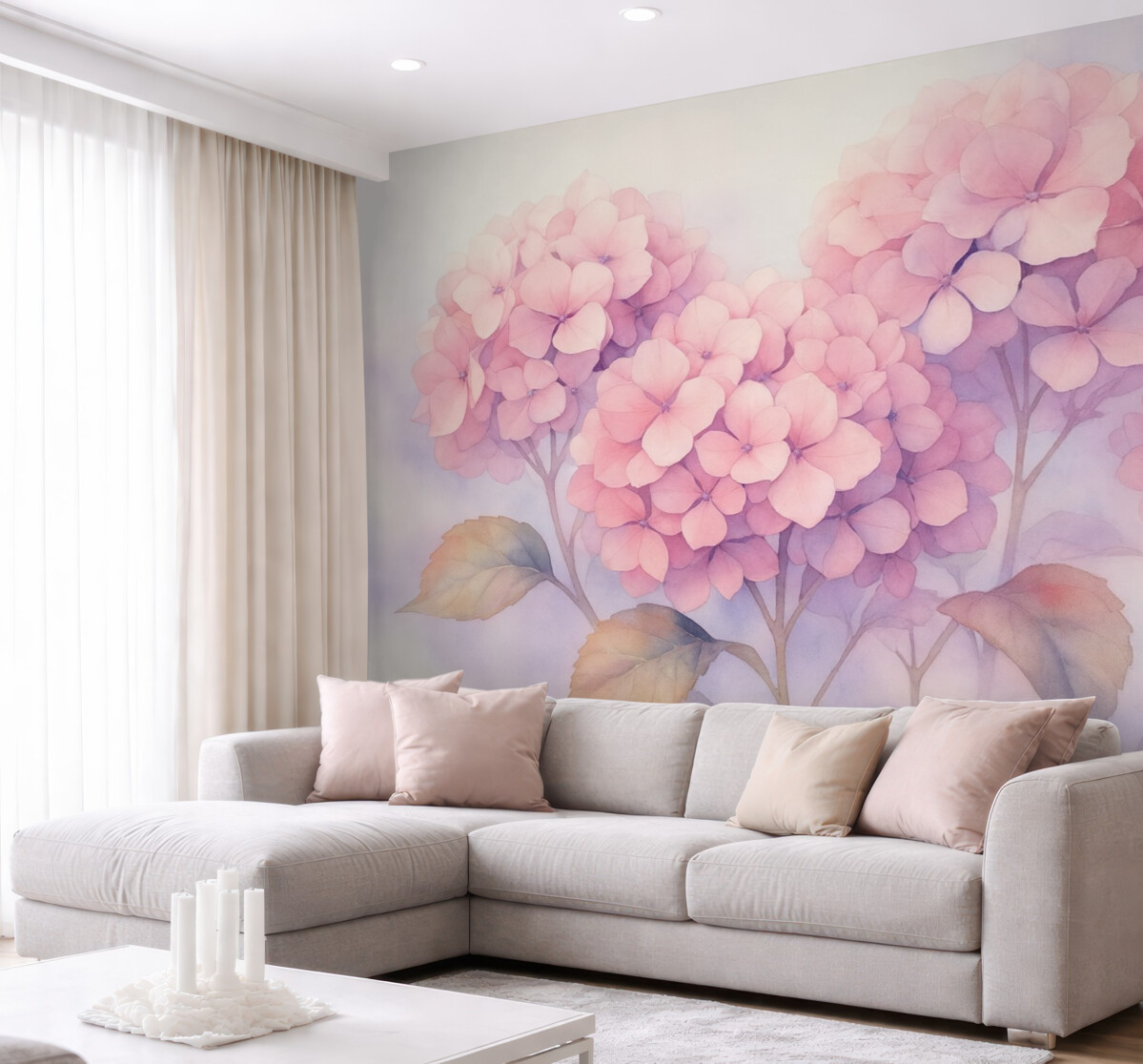 Fototapeta Rozkwitająca różowa hortensja w wilgotnej akwareli.