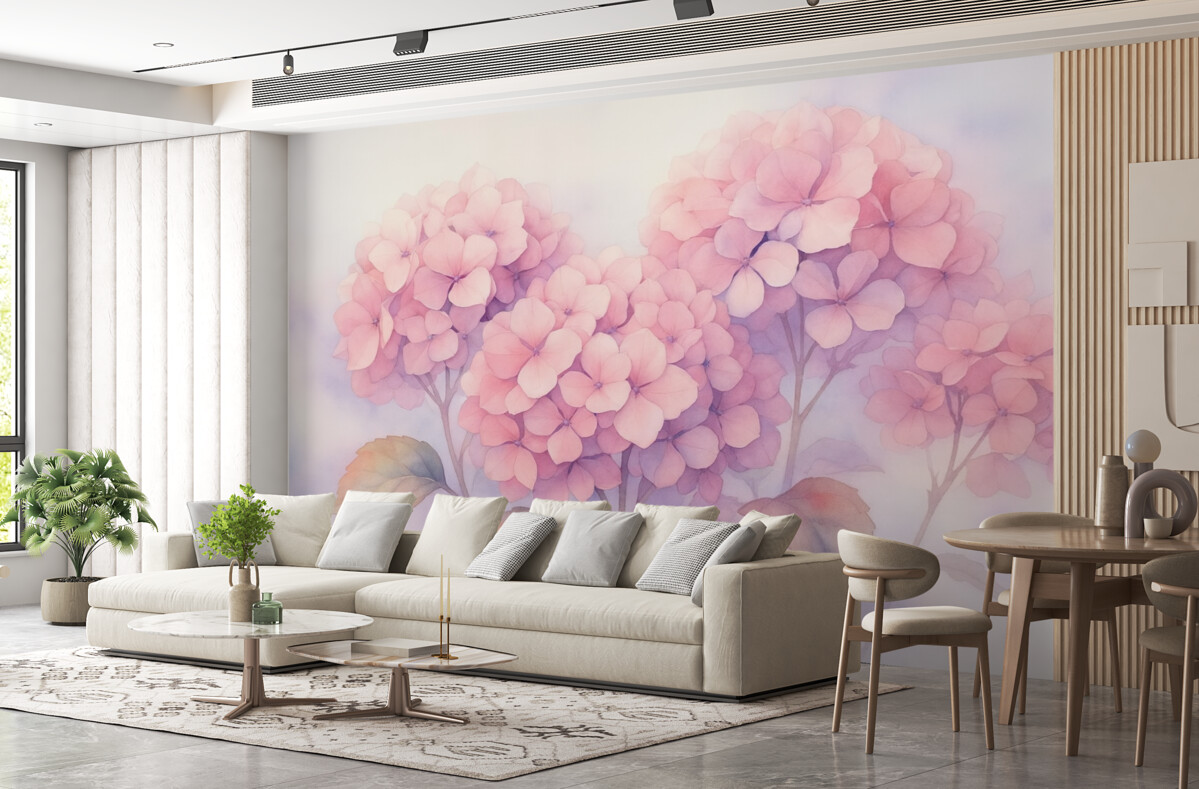 Fototapeta Rozkwitająca różowa hortensja w wilgotnej akwareli.