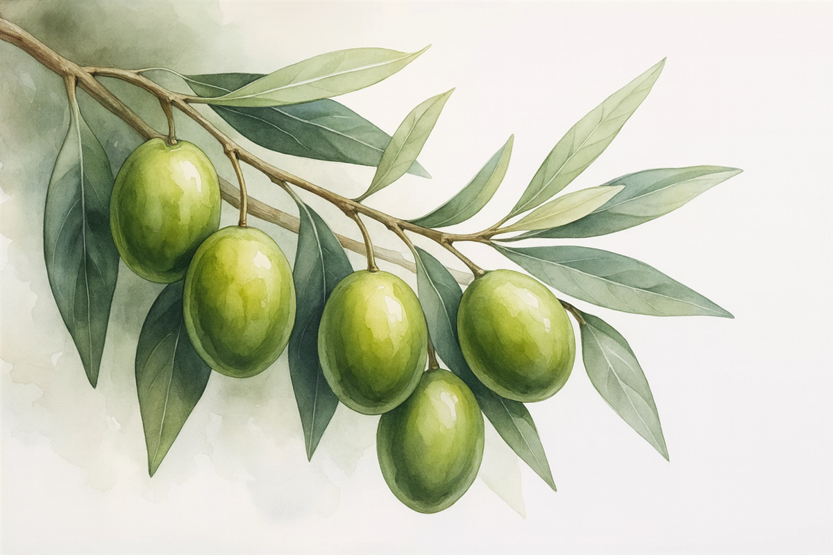 Fototapeta Gałązka z zielonymi oliwkami to wilgotna akwarela.
