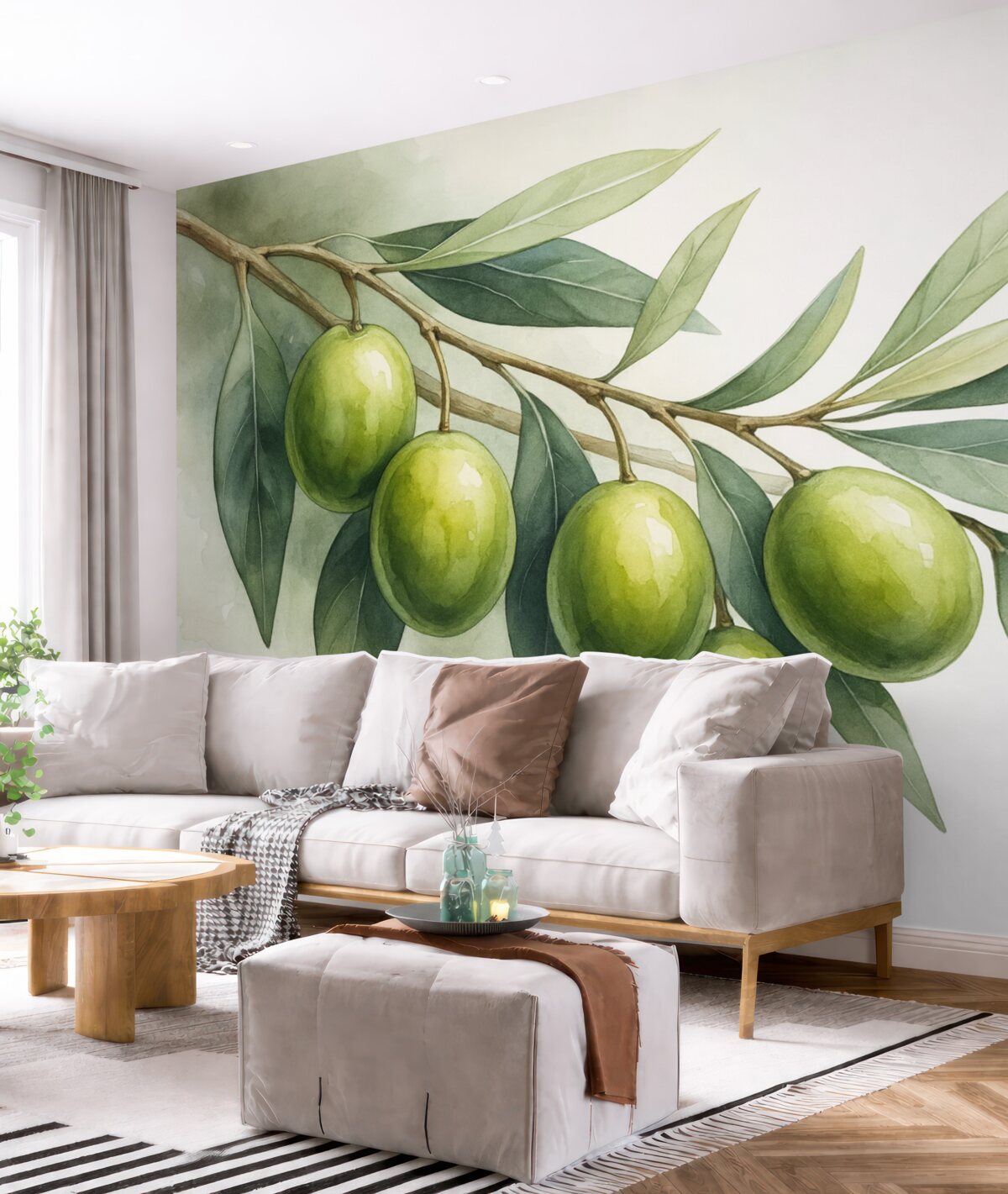 Fototapeta Gałązka z zielonymi oliwkami to wilgotna akwarela.