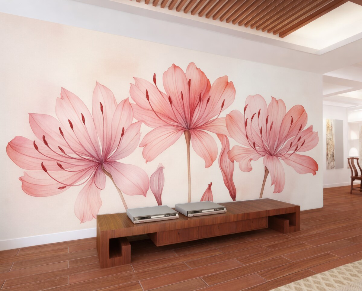 Fototapeta Akwarela z różowymi kwiatami lilii.