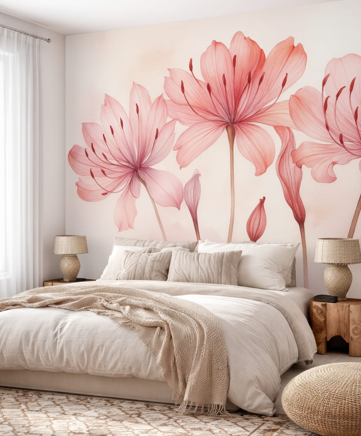 Fototapeta Akwarela z różowymi kwiatami lilii.