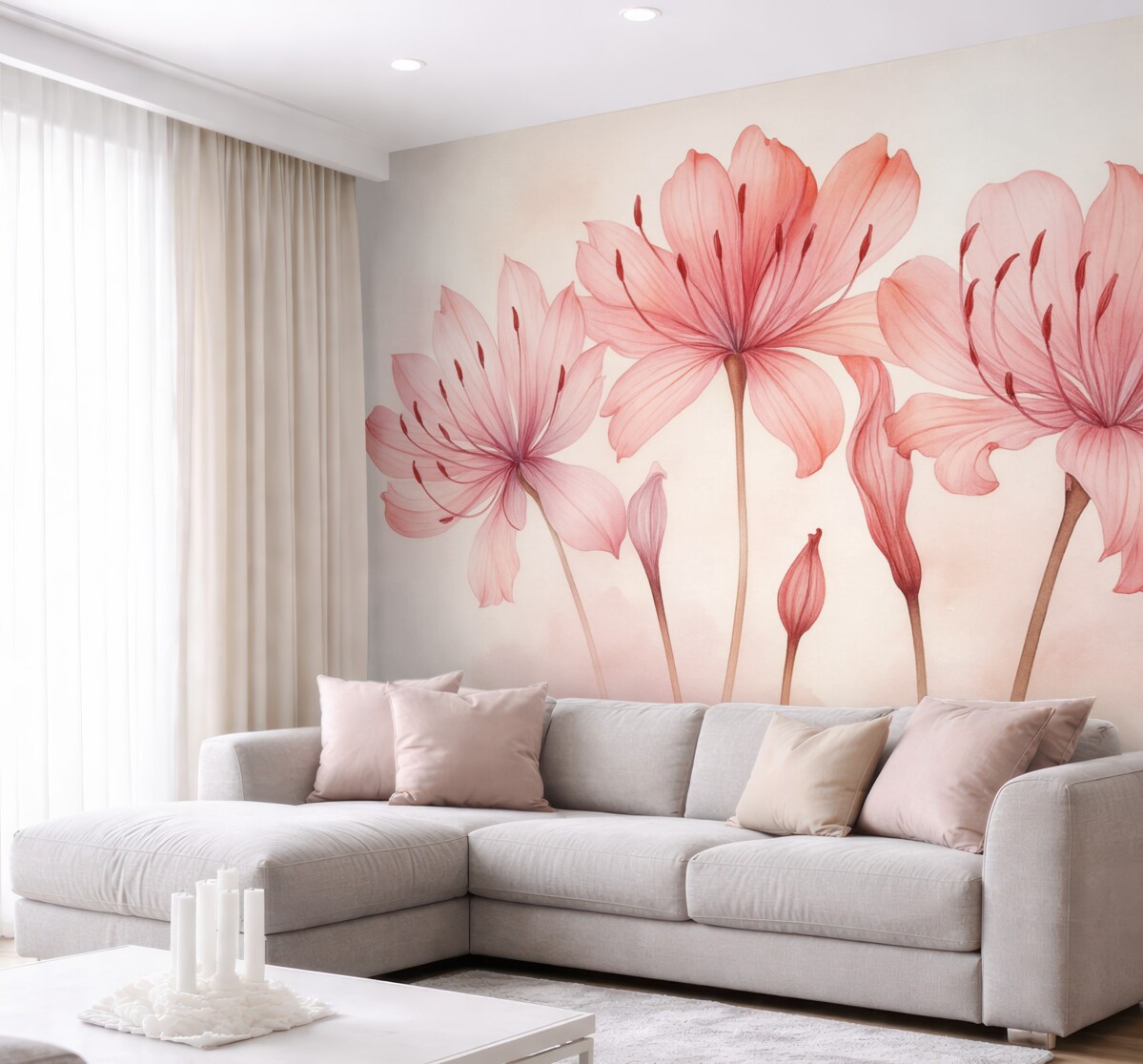 Fototapeta Akwarela z różowymi kwiatami lilii.