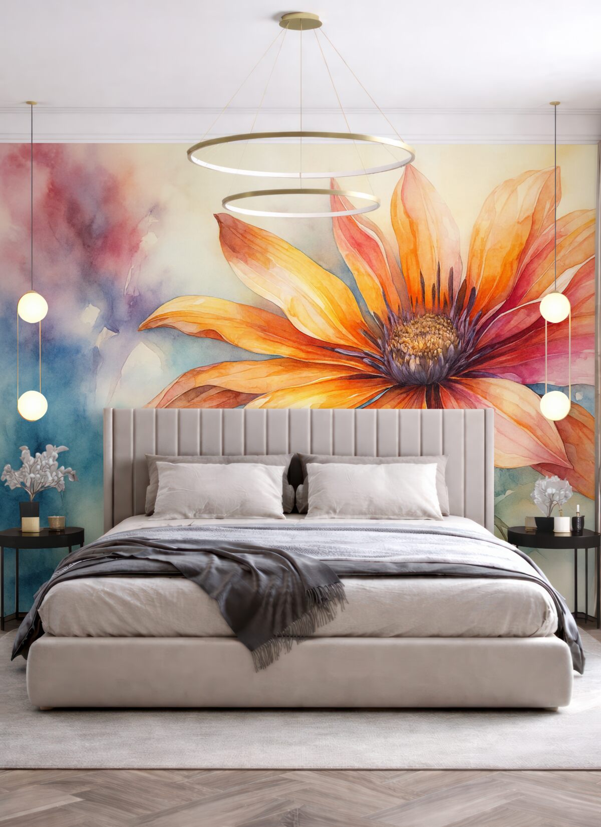 Fototapeta Jasny kwiat w akwareli, żółty, czerwony, niebieski oraz fioletowy odcień.