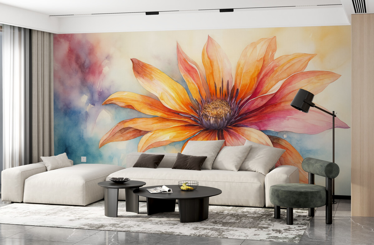 Fototapeta Jasny kwiat w akwareli, żółty, czerwony, niebieski oraz fioletowy odcień.