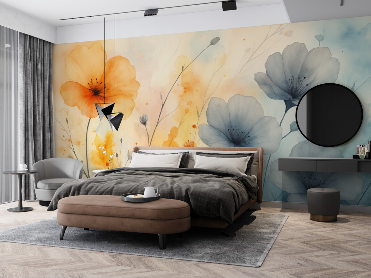 Fototapeta Abstrakcyjne jasne kwiaty oraz gałązki z plamami farby, wilgotna akwarela.