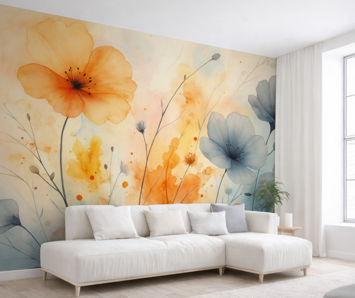 Fototapeta Abstrakcyjne jasne kwiaty oraz gałązki z plamami farby, wilgotna akwarela.