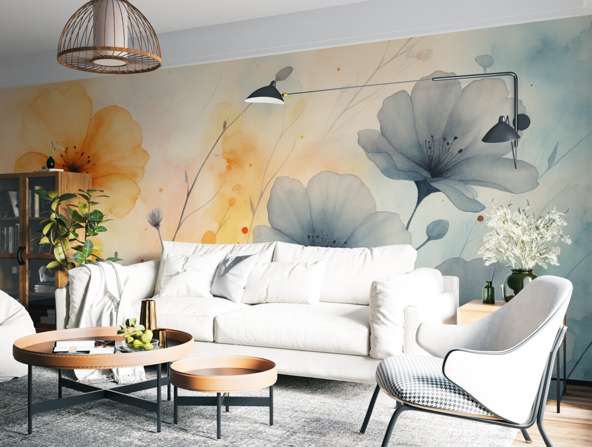 Fototapeta Abstrakcyjne jasne kwiaty oraz gałązki z plamami farby, wilgotna akwarela.