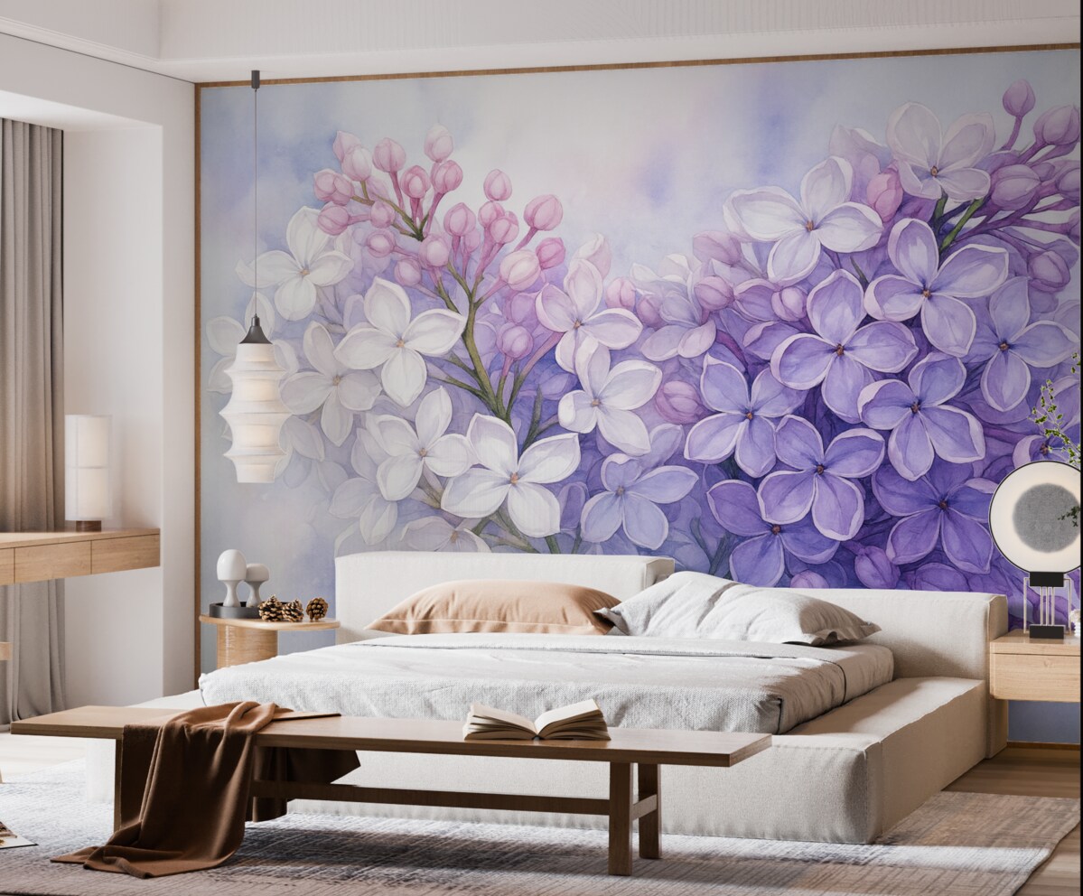 Fototapeta Gałązka z kwiatami bzu wilgotna akwarela, fioletowy kolor.