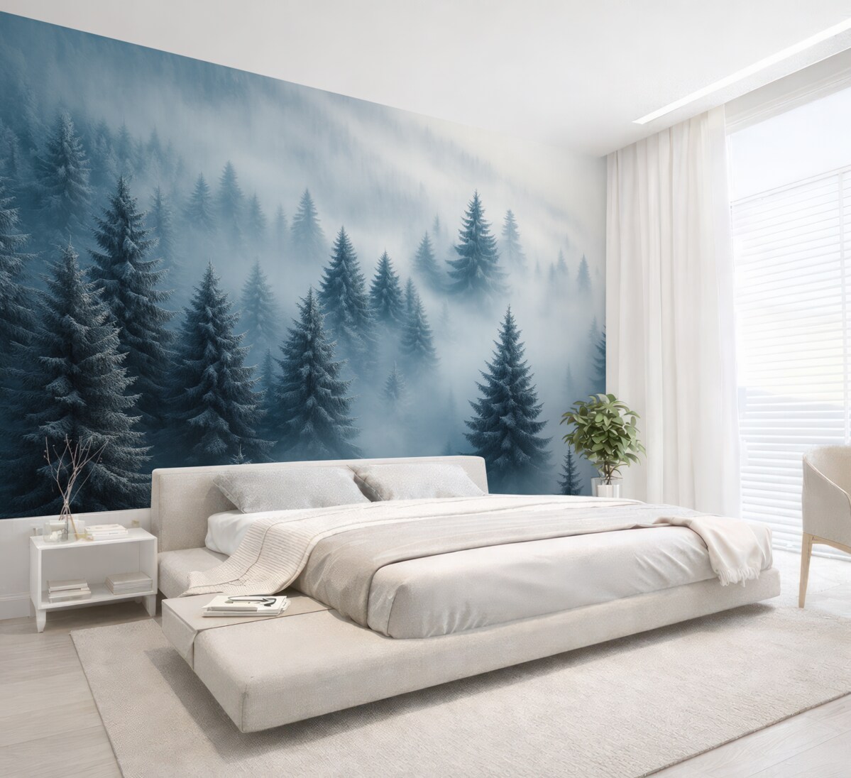 Fototapeta Gęsta mgła osłaniająca zimowy poranny las w tonacjach błękitu.