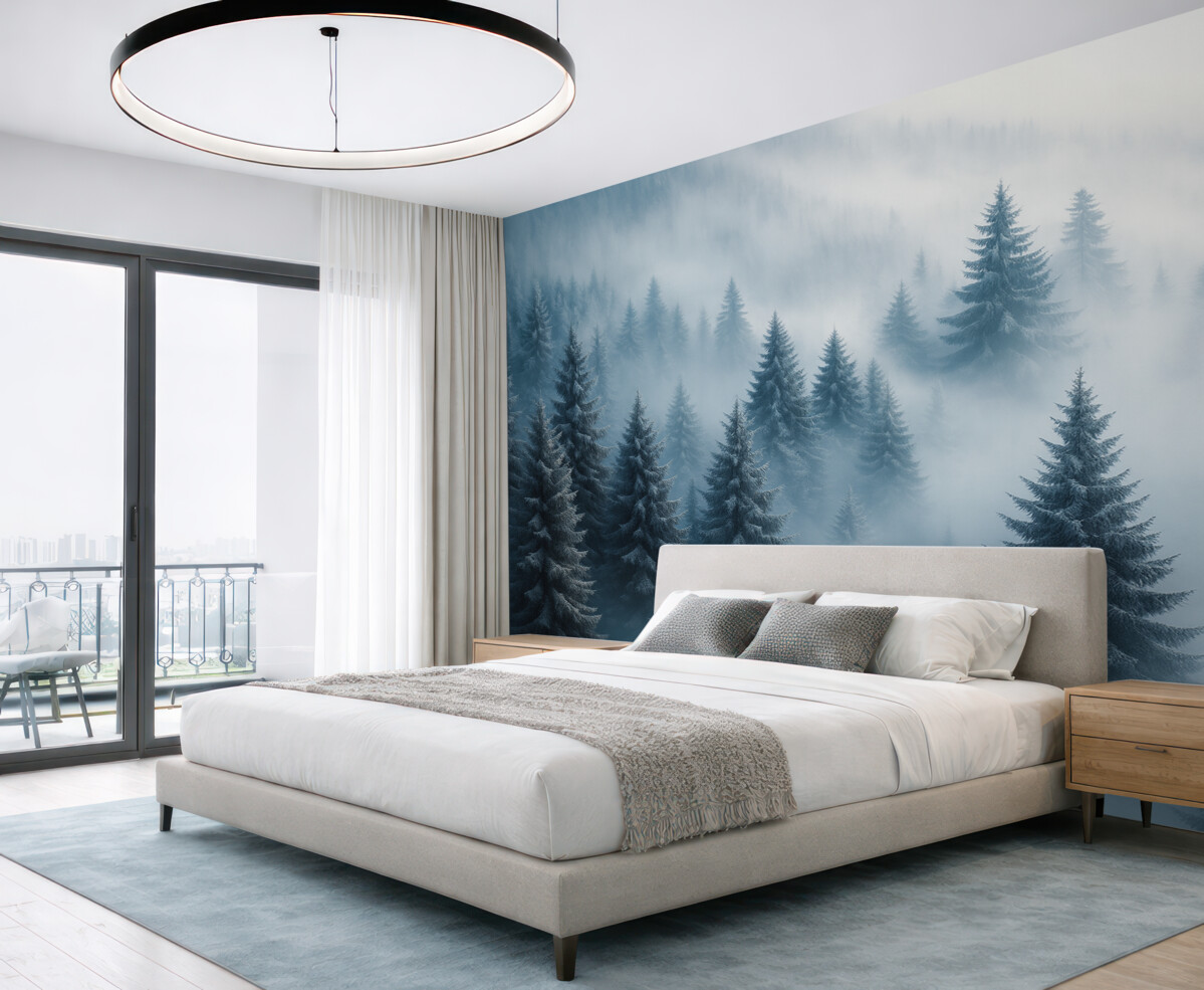 Fototapeta Gęsta mgła osłaniająca zimowy poranny las w tonacjach błękitu.