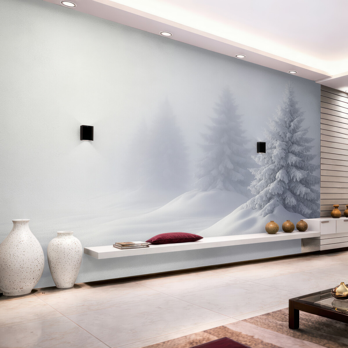 Fototapeta Zasypane śniegiem jodły w izolacji mglistych poranków.