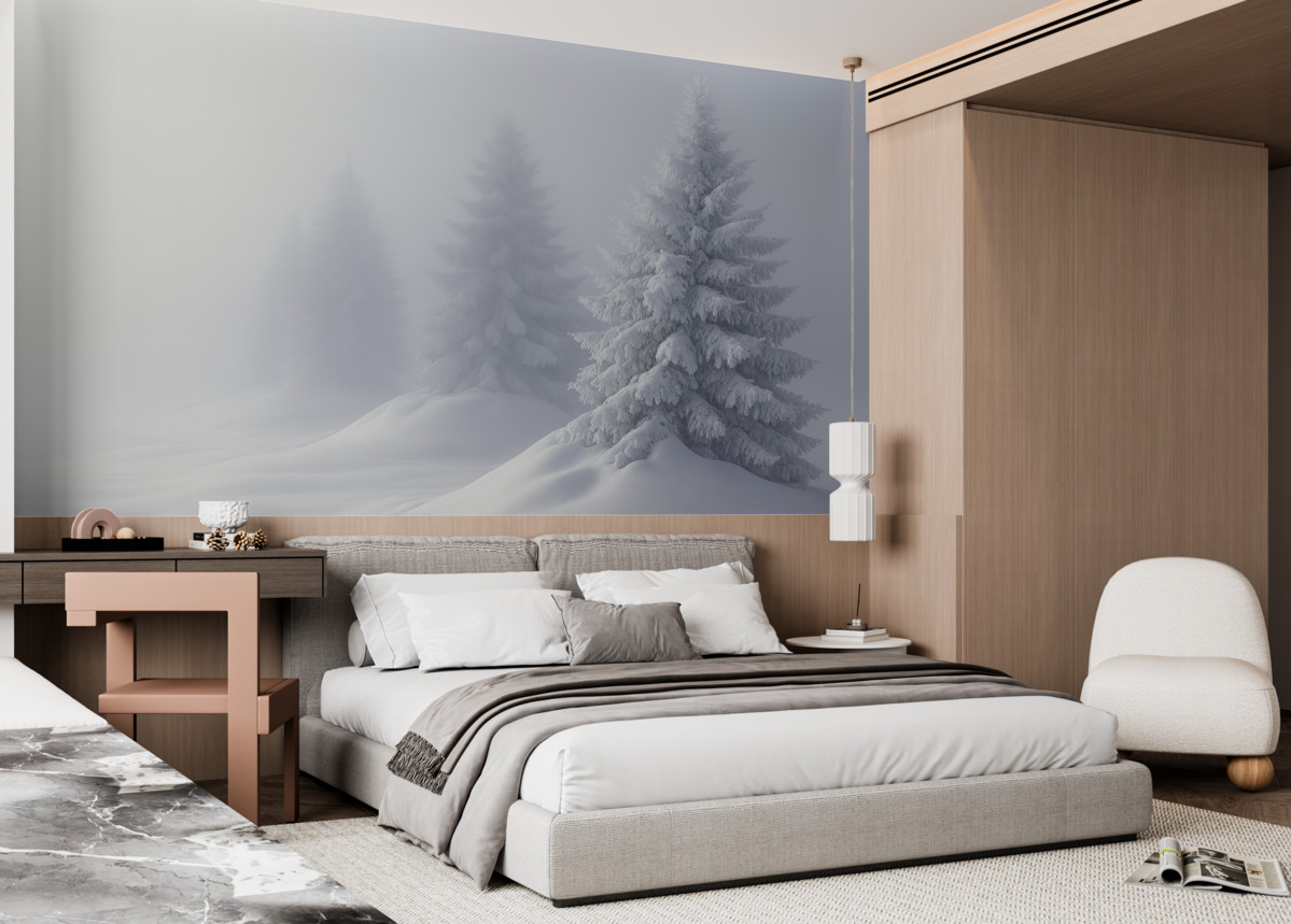 Fototapeta Zasypane śniegiem jodły w izolacji mglistych poranków.