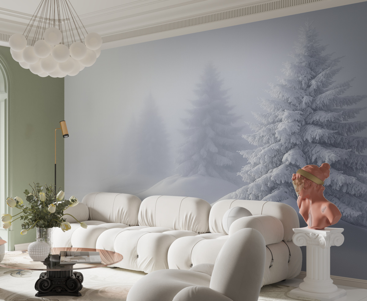 Fototapeta Zasypane śniegiem jodły w izolacji mglistych poranków.