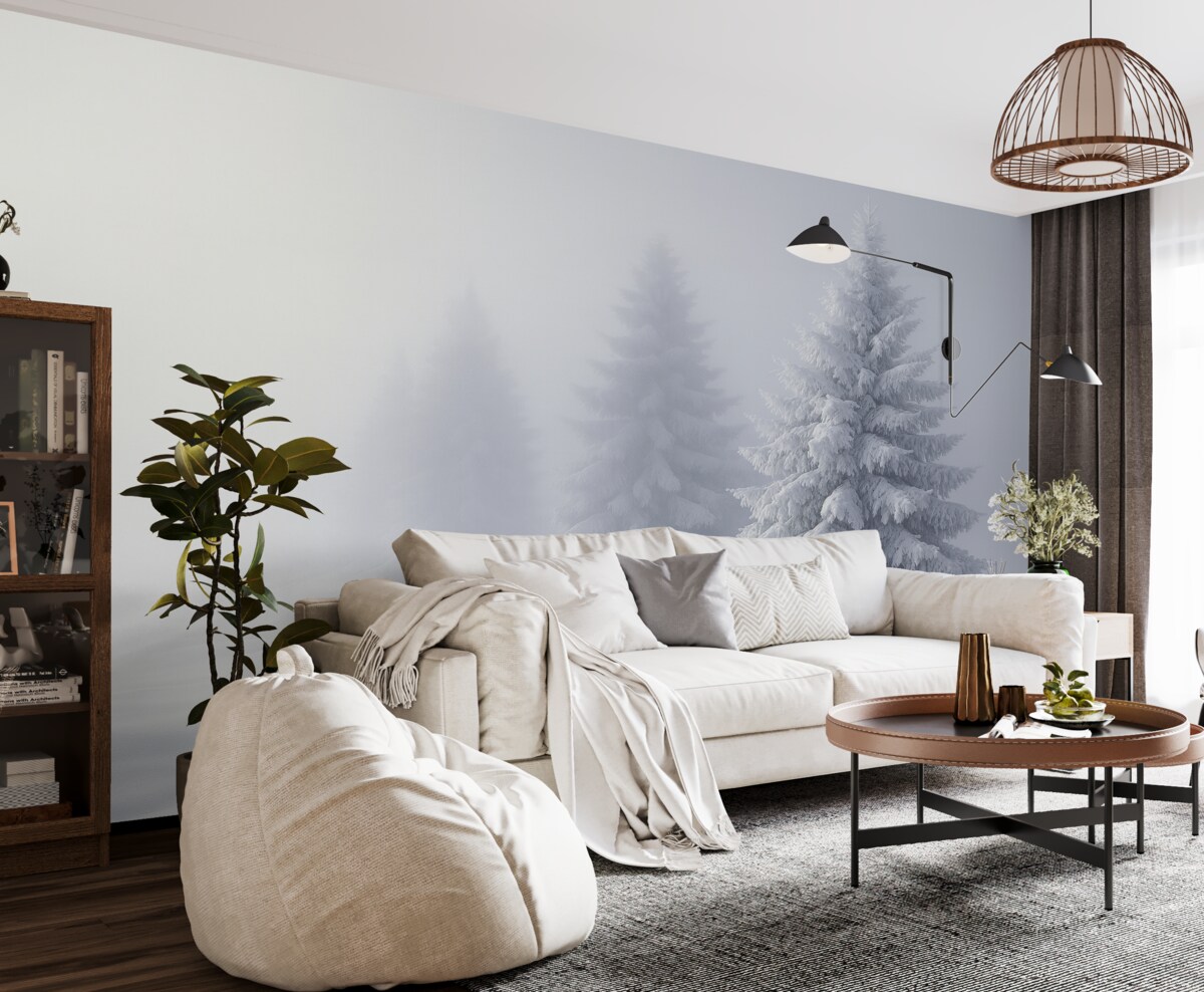 Fototapeta Zasypane śniegiem jodły w izolacji mglistych poranków.