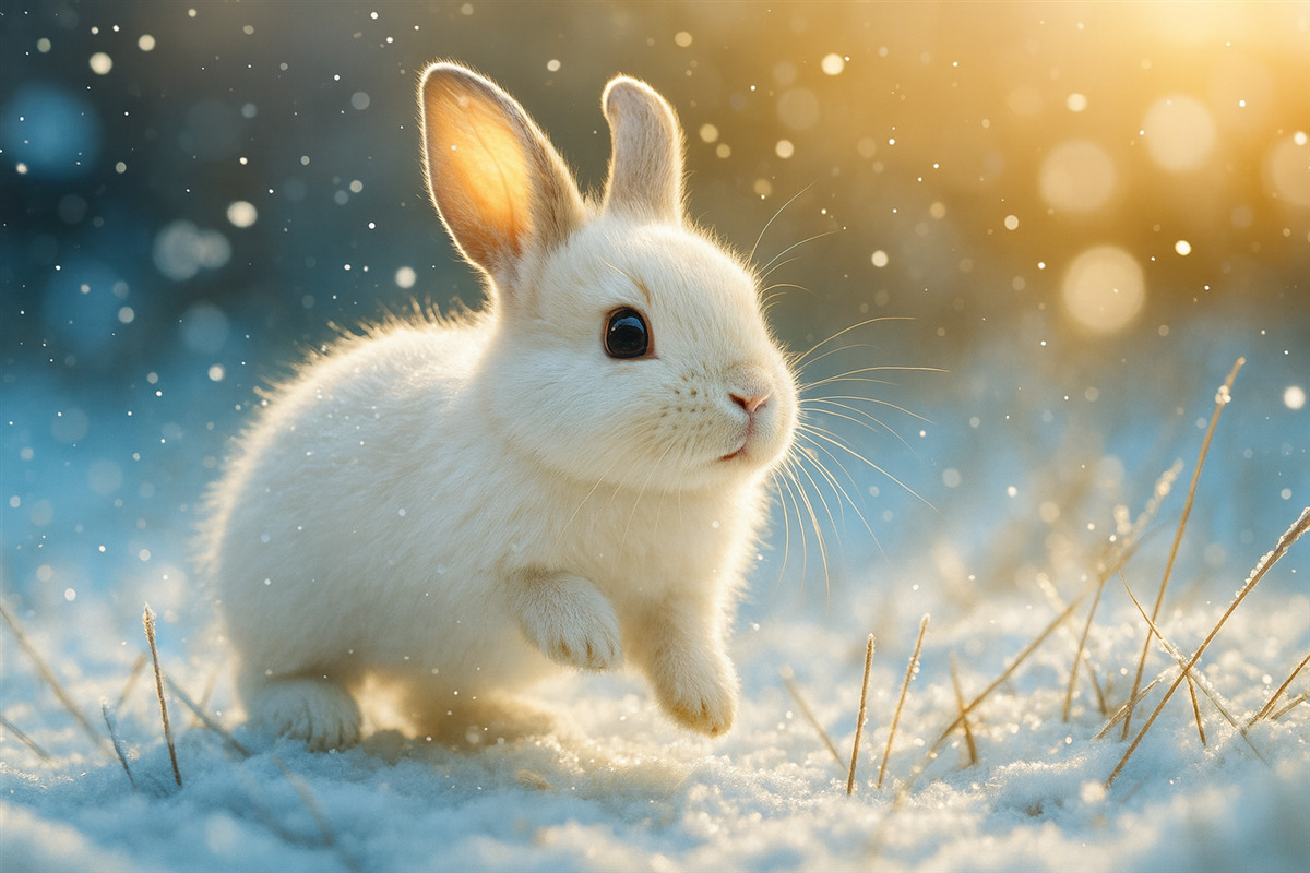 Fototapeta Uroczy biały zajączek biegnący przez poranny śnieg.