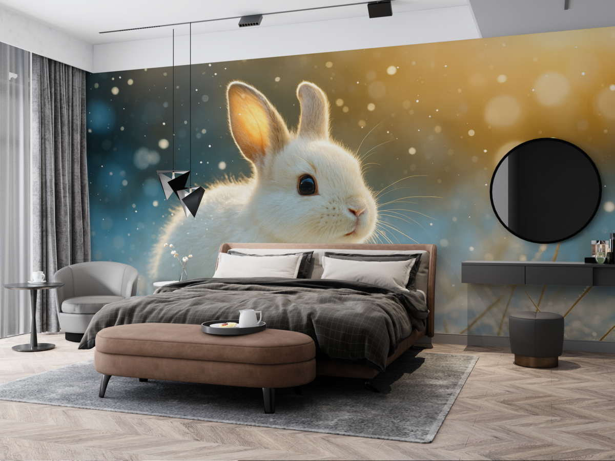 Fototapeta Uroczy biały zajączek biegnący przez poranny śnieg.