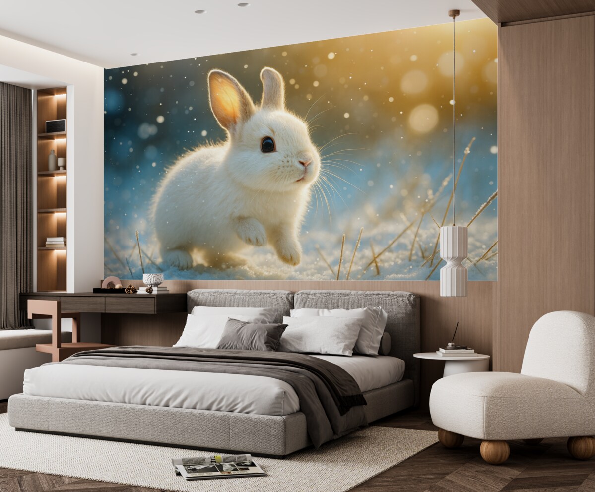 Fototapeta Uroczy biały zajączek biegnący przez poranny śnieg.