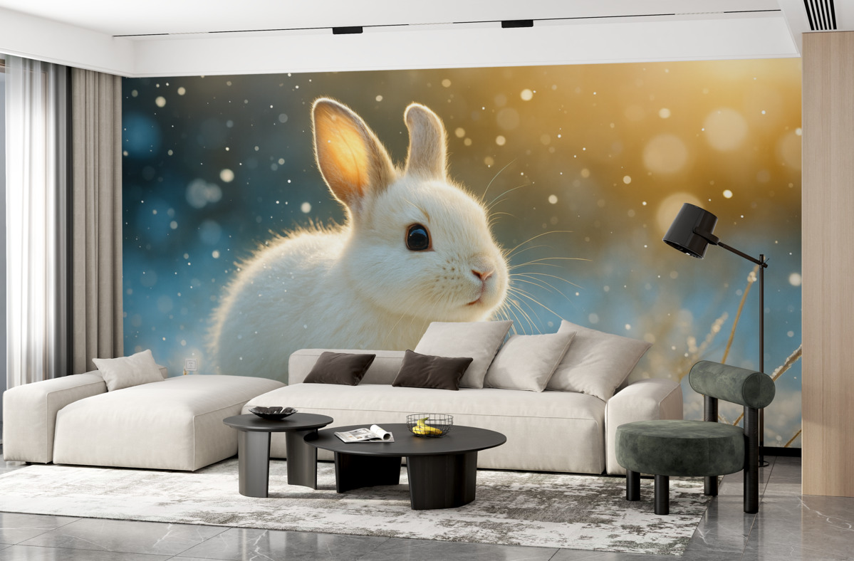 Fototapeta Uroczy biały zajączek biegnący przez poranny śnieg.