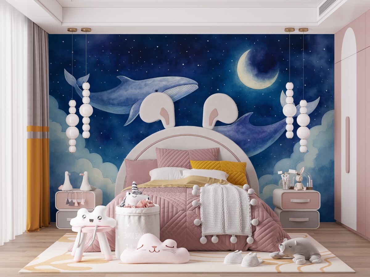 Fototapeta Akwarelowe wieloryby unoszące się po gwiaździstym nocnym niebie z błękitnymi chmurami.