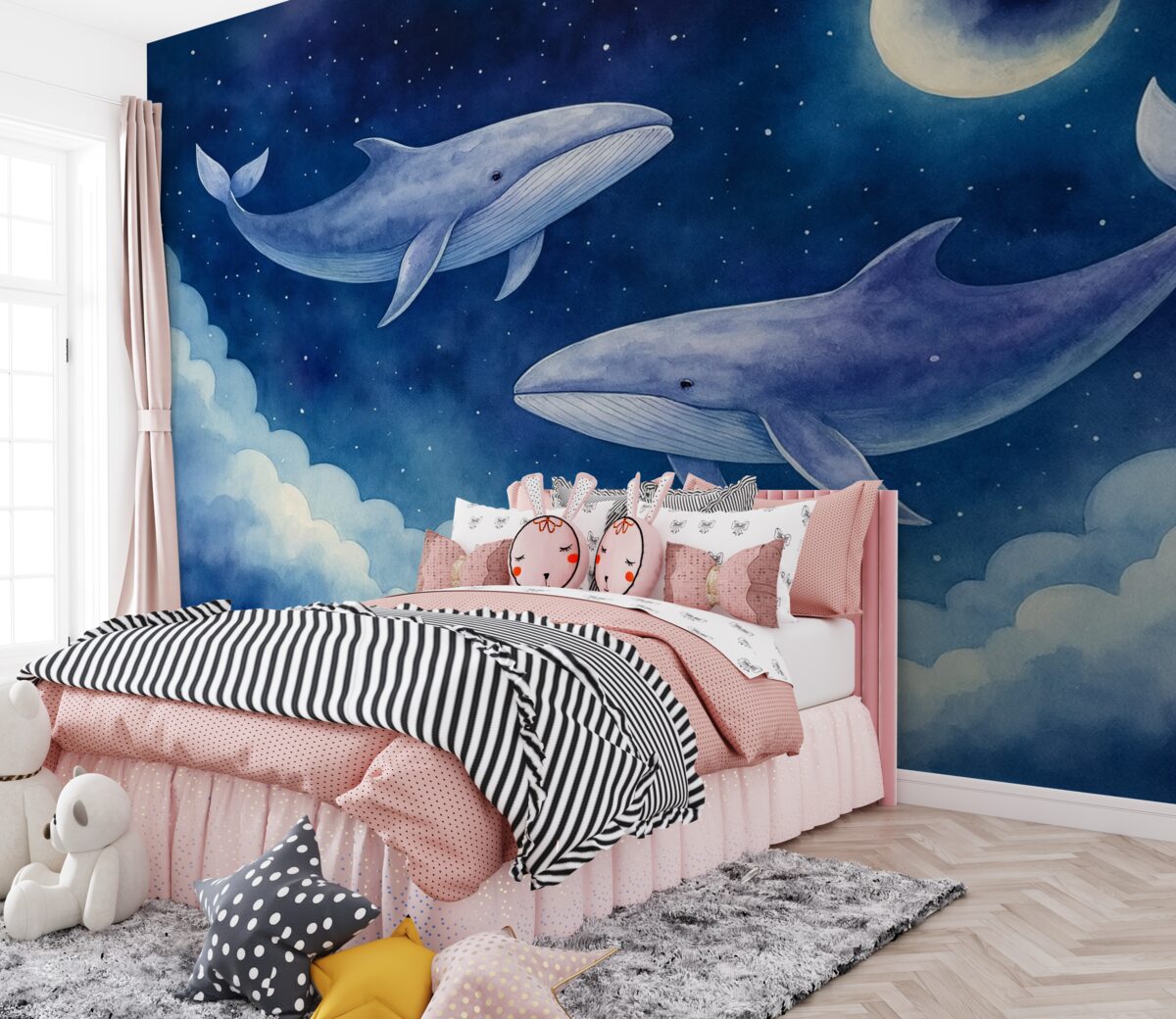 Fototapeta Akwarelowe wieloryby unoszące się po gwiaździstym nocnym niebie z błękitnymi chmurami.