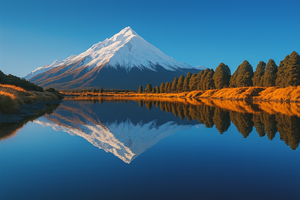 Fototapeta Krajobraz górski z drzewami i potokiem.