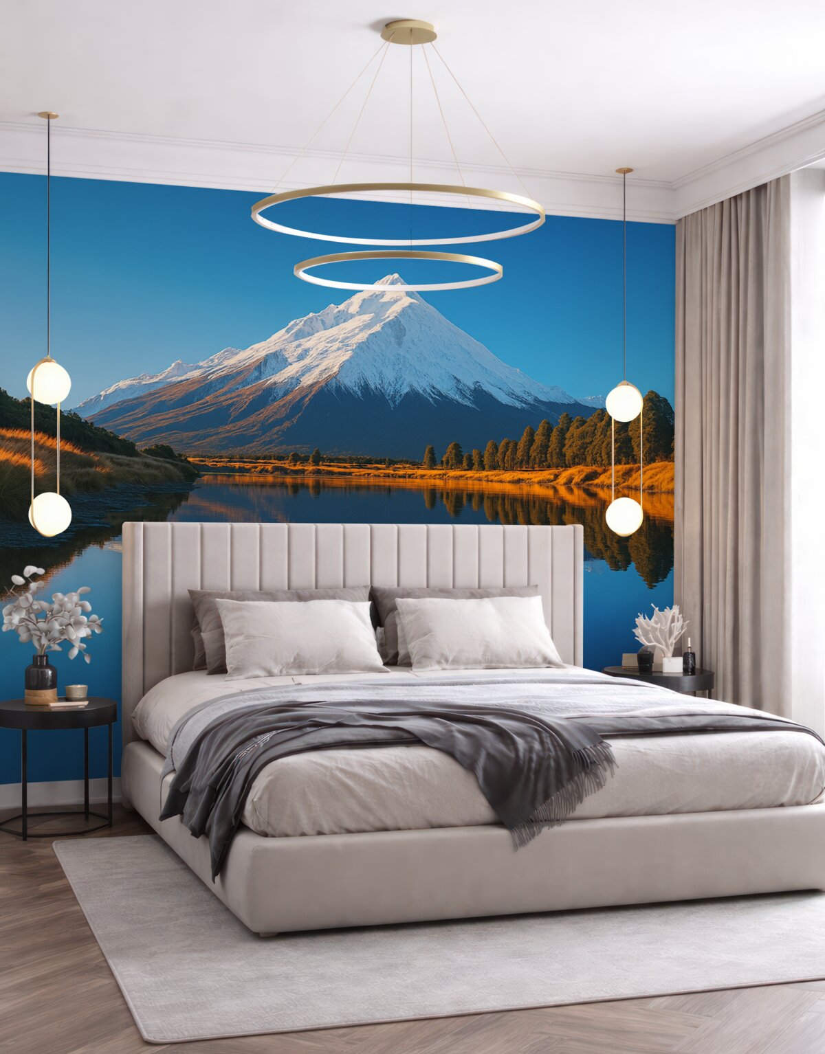 Fototapeta Krajobraz górski z drzewami i potokiem.