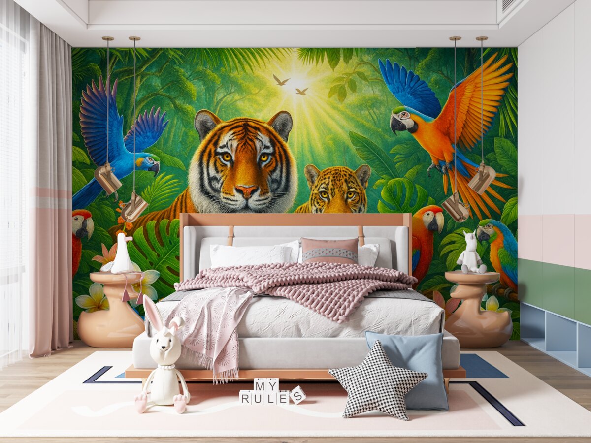 Fototapeta Wielobarwna tapeta ścienna z widokiem na tropiki z parą tygrysów, papugami oraz kwiatami.