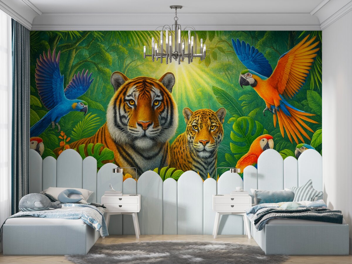 Fototapeta Wielobarwna tapeta ścienna z widokiem na tropiki z parą tygrysów, papugami oraz kwiatami.