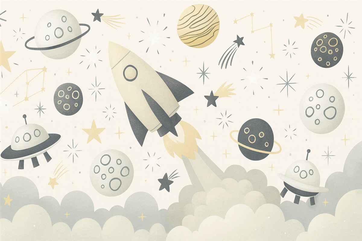 Fototapeta Planety, rakieta w kosmosie, gwiazdy w przestrzeni w odcieniach żółci.