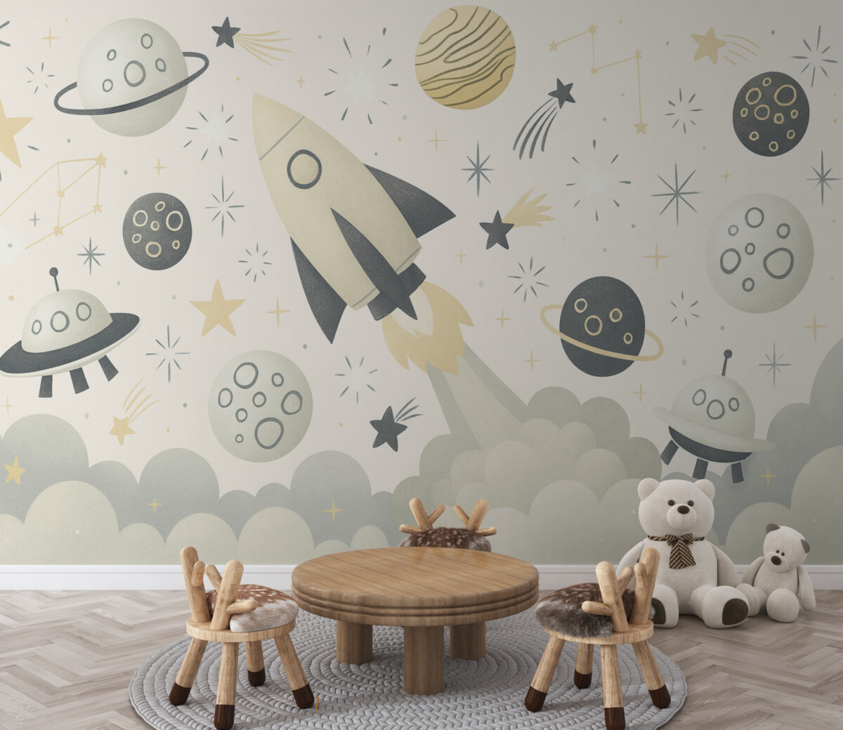 Fototapeta Planety, rakieta w kosmosie, gwiazdy w przestrzeni w odcieniach żółci.