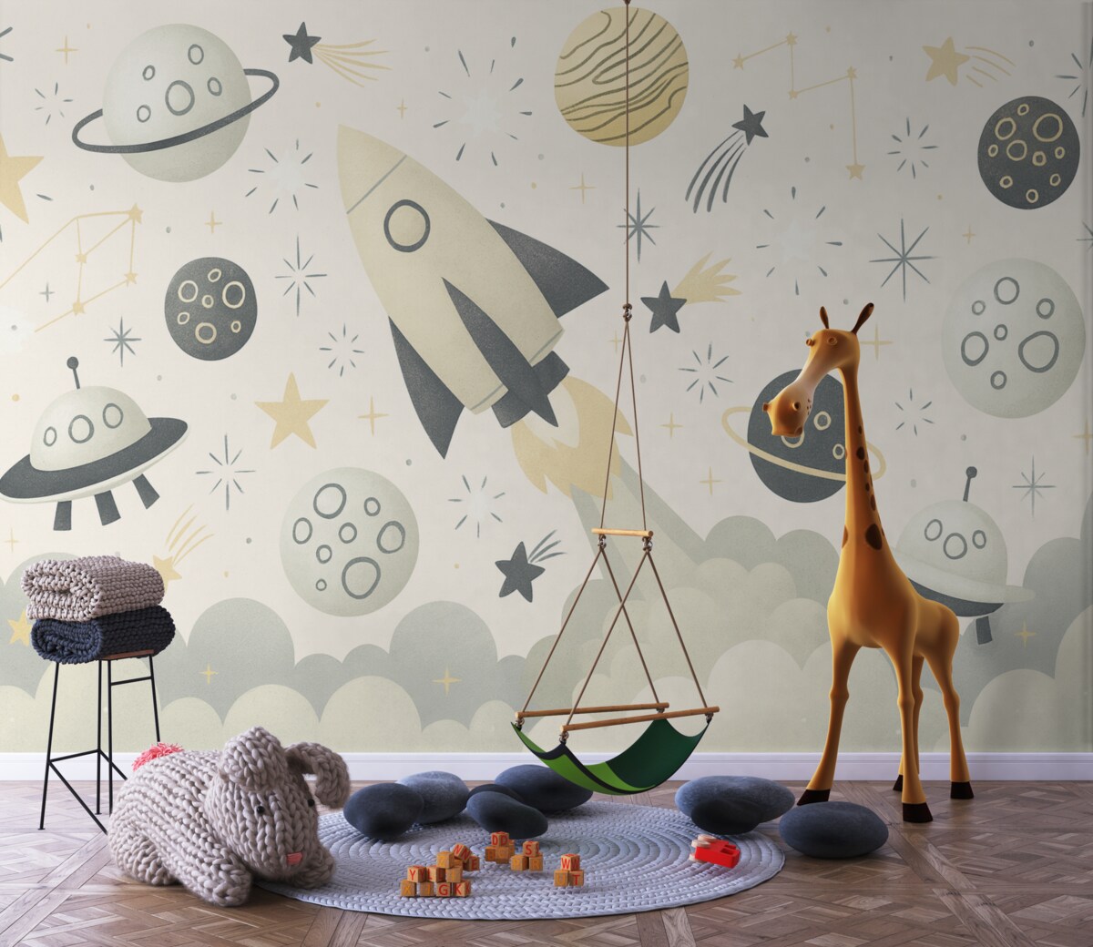 Fototapeta Planety, rakieta w kosmosie, gwiazdy w przestrzeni w odcieniach żółci.