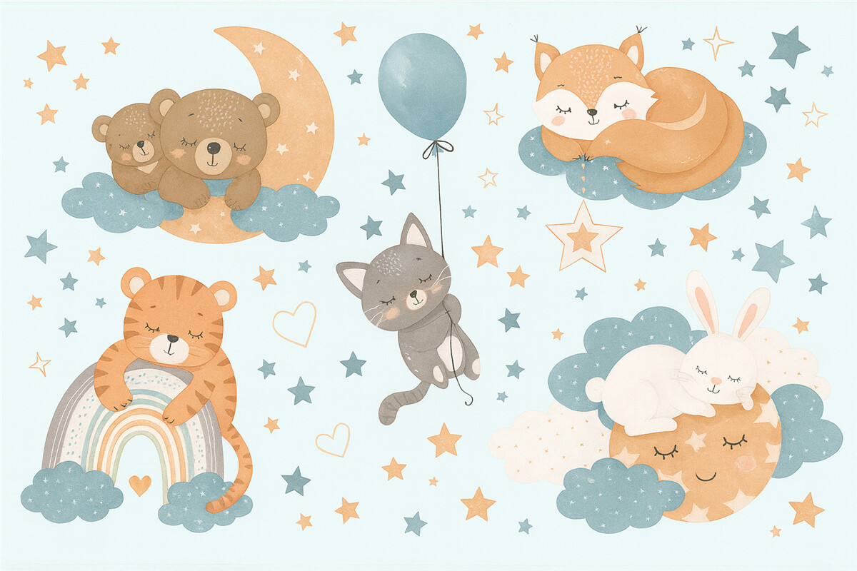 Fototapeta zwierzęta odpoczywające na chmurach, maluchy, turkusowa okolica