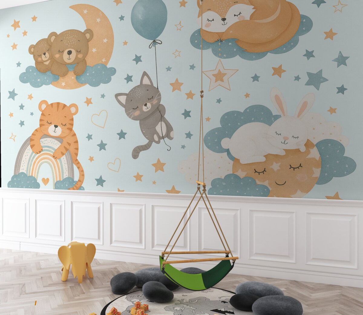 Fototapeta zwierzęta odpoczywające na chmurach, maluchy, turkusowa okolica