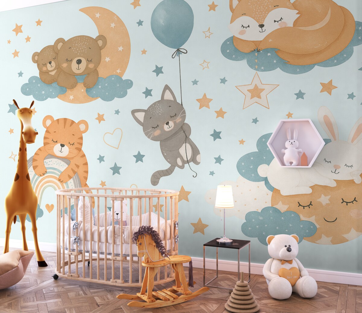 Fototapeta zwierzęta odpoczywające na chmurach, maluchy, turkusowa okolica