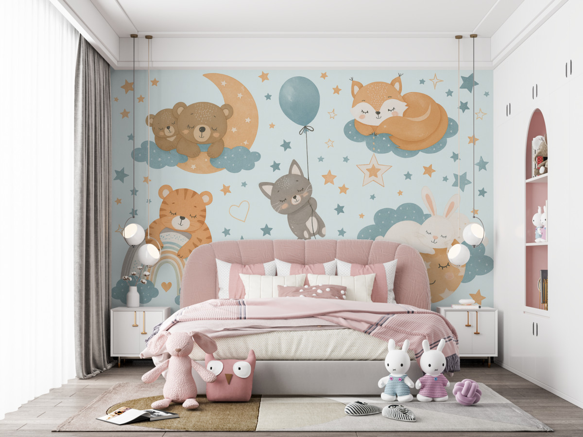 Fototapeta zwierzęta odpoczywające na chmurach, maluchy, turkusowa okolica