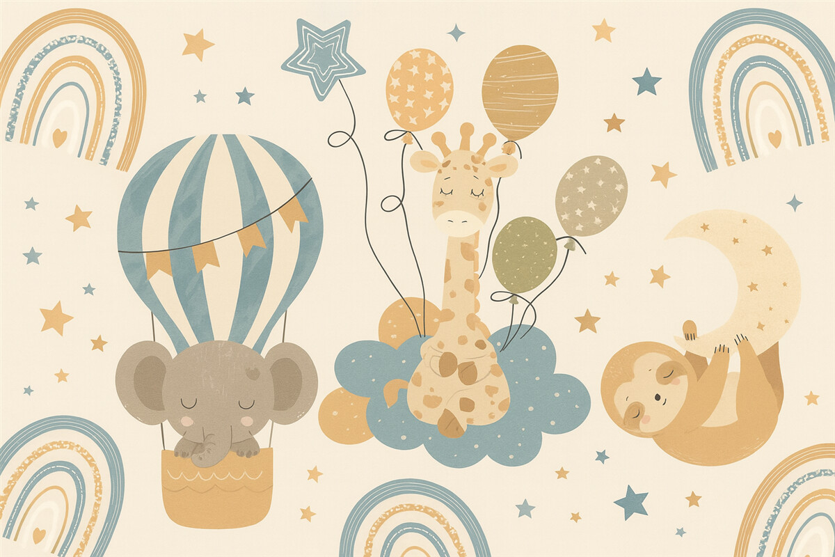 Fototapeta Malowany słoń, żyrafa oraz leniwiec na obłokach na niebie.