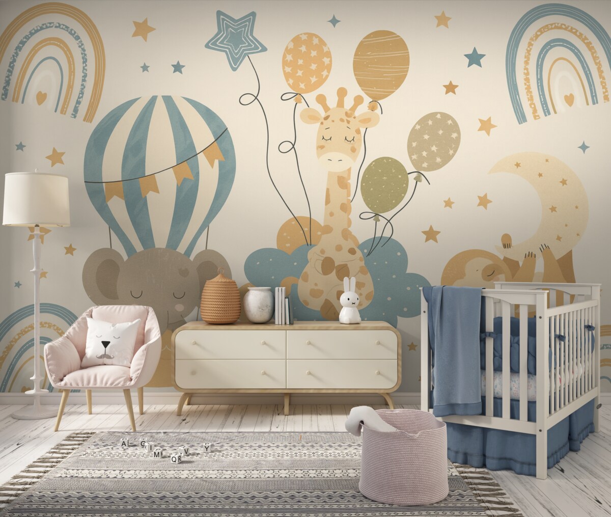 Fototapeta Malowany słoń, żyrafa oraz leniwiec na obłokach na niebie.