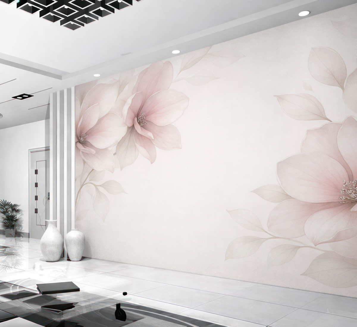 Fototapeta Różowe, półprzezroczyste, spore kwiaty u góry.