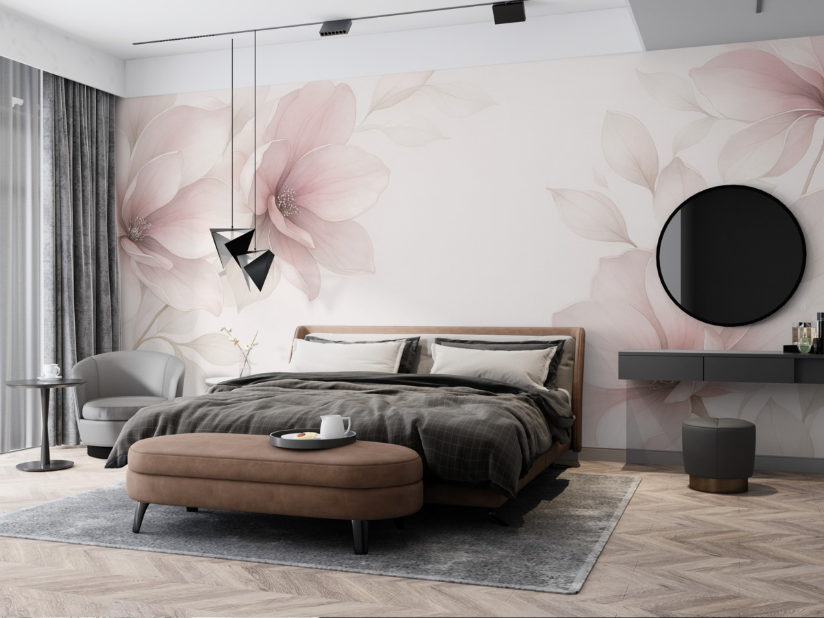 Fototapeta Różowe, półprzezroczyste, spore kwiaty u góry.