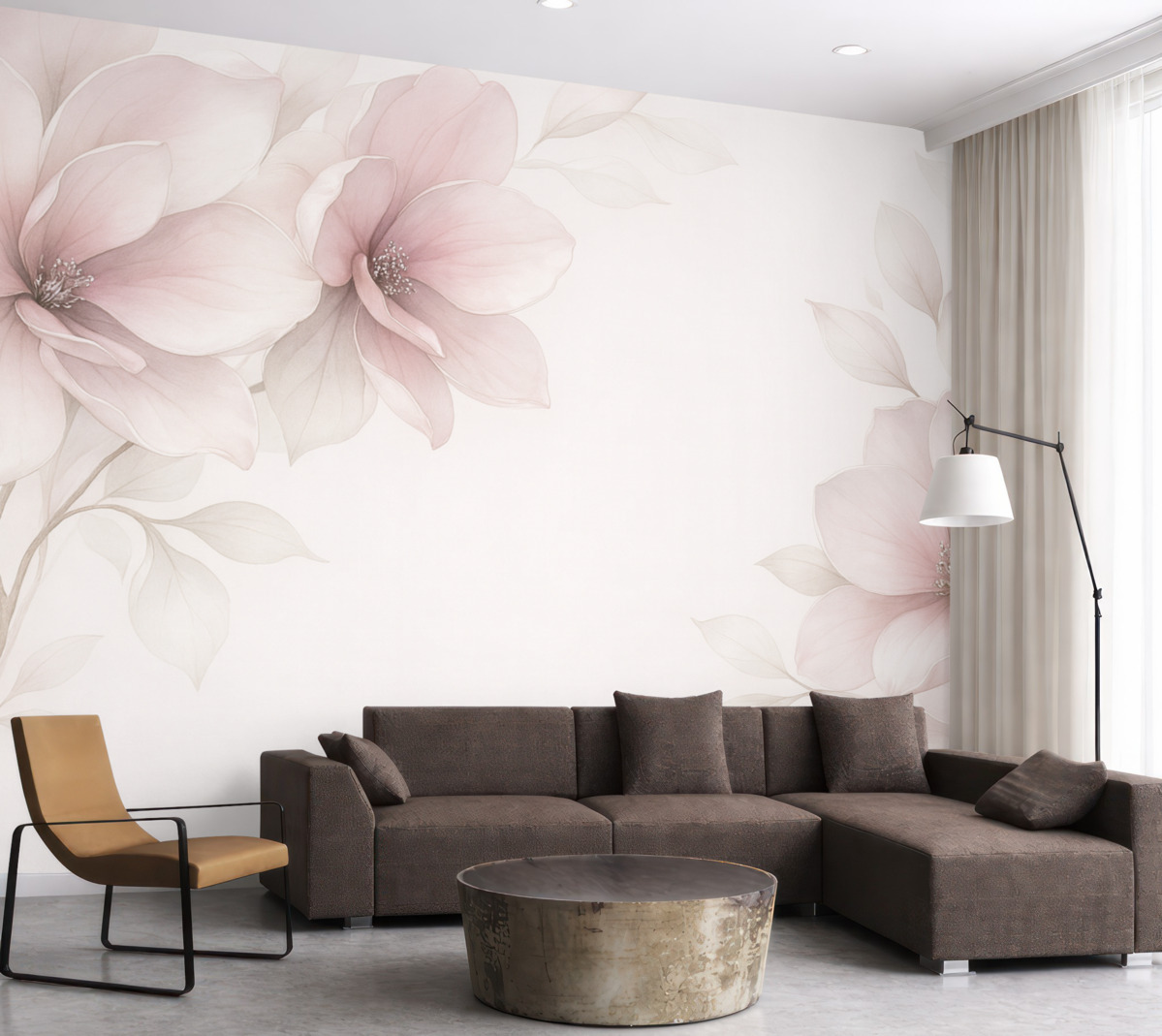 Fototapeta Różowe, półprzezroczyste, spore kwiaty u góry.