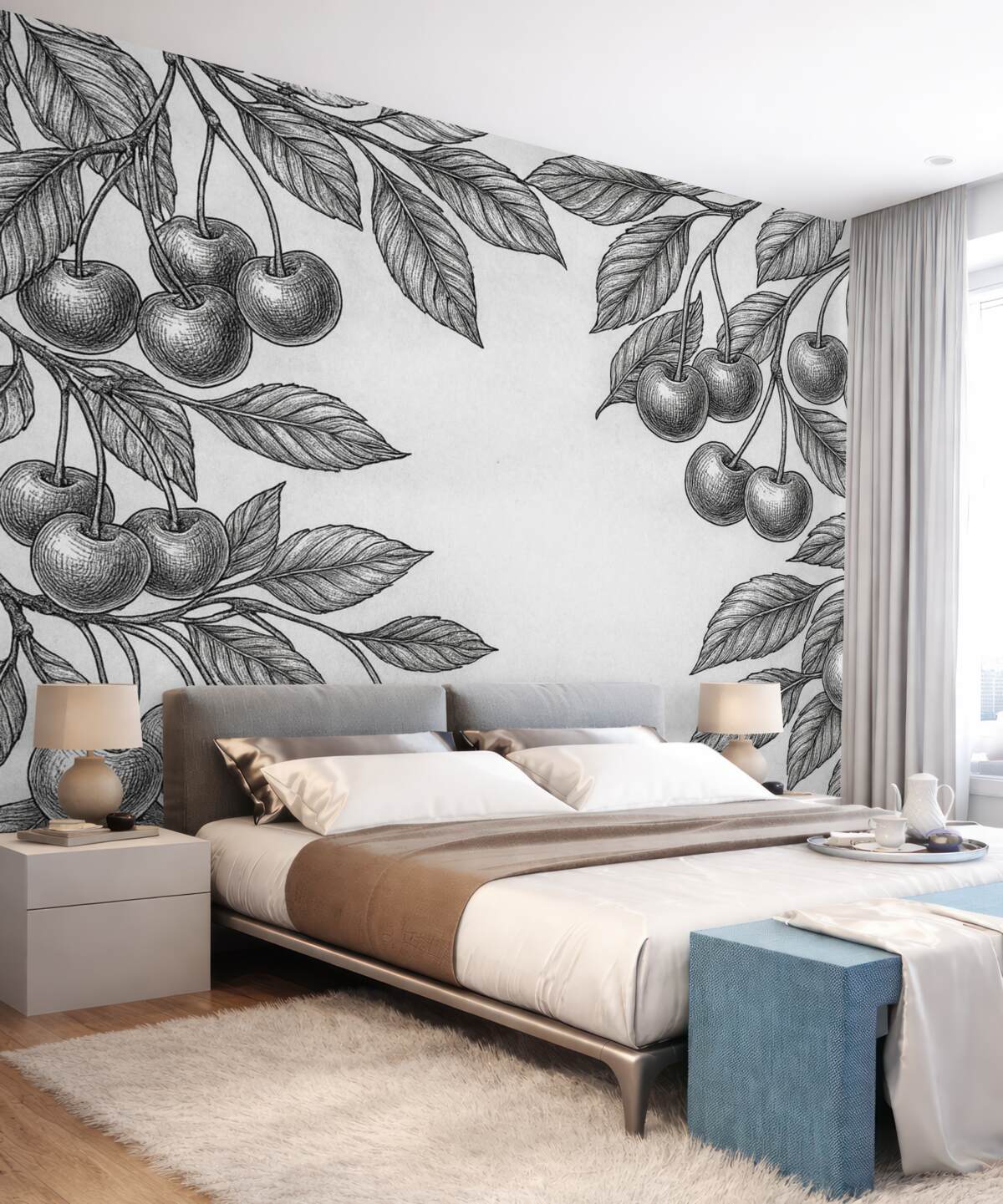 Fototapeta Pomarańczowe gałęzie z wiśniami na szarym tle.