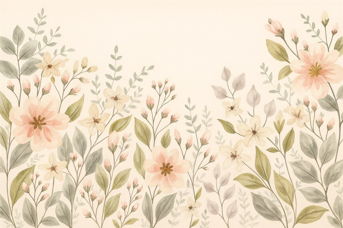 Fototapeta Kwiaty oraz liście w rogach na beżowym tle.