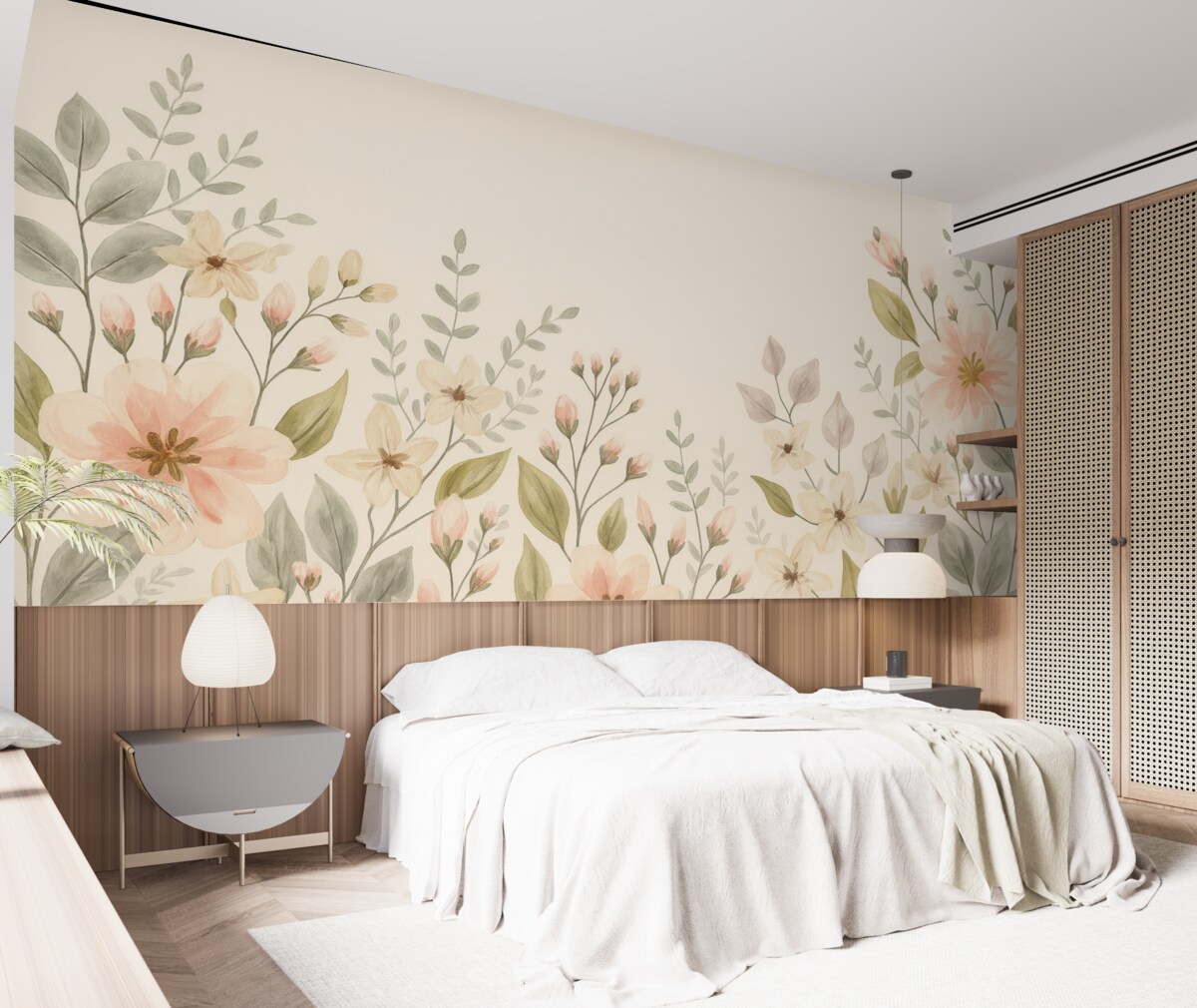 Fototapeta Kwiaty oraz liście w rogach na beżowym tle.