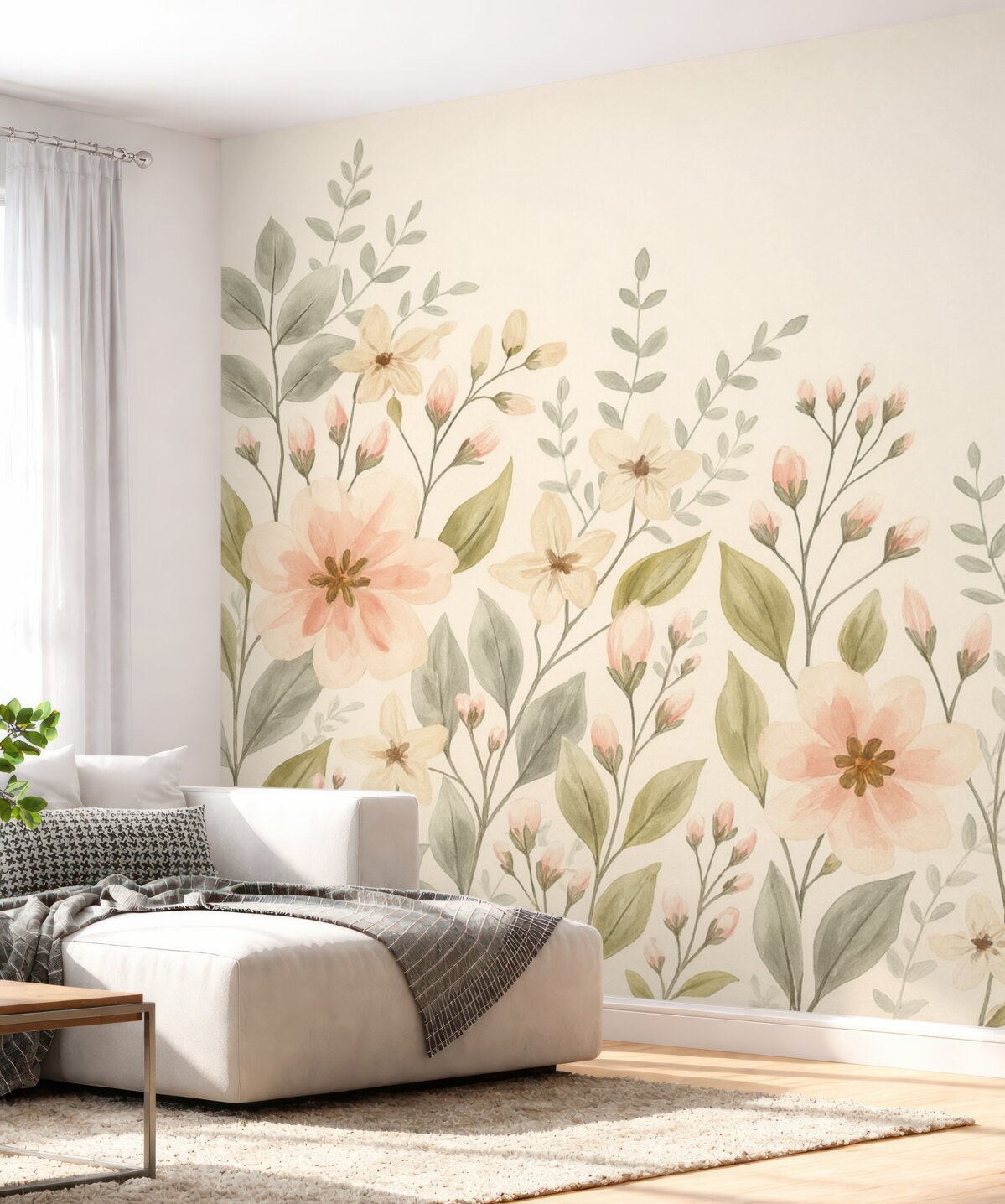 Fototapeta Kwiaty oraz liście w rogach na beżowym tle.