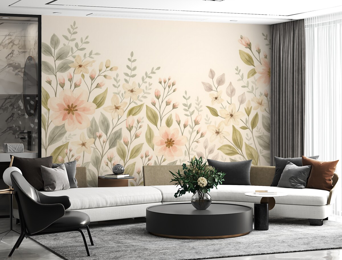 Fototapeta Kwiaty oraz liście w rogach na beżowym tle.