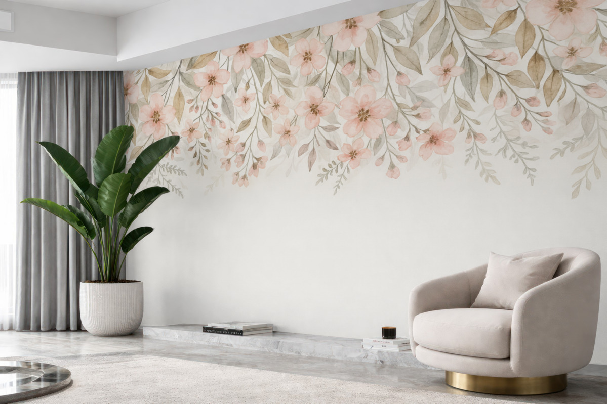 Fototapeta kwiaty oraz liście na jasnobeżowym tle